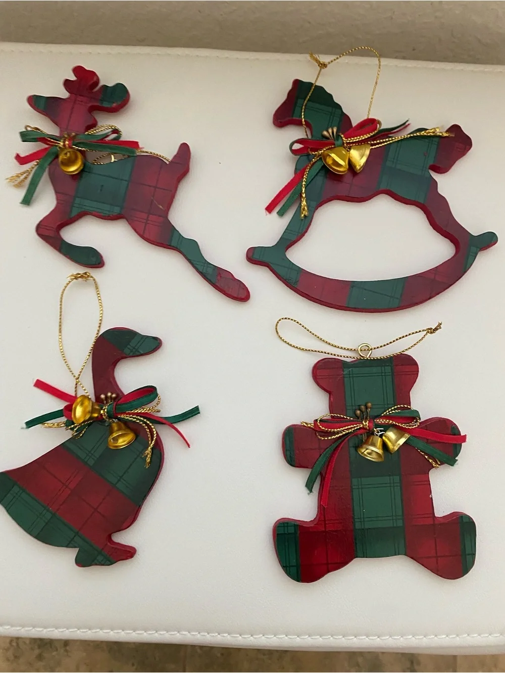 Vintage Wooden Christmas Ornaments Plaid Tartan Set of 4 Bear Reindeer Horse 4”H